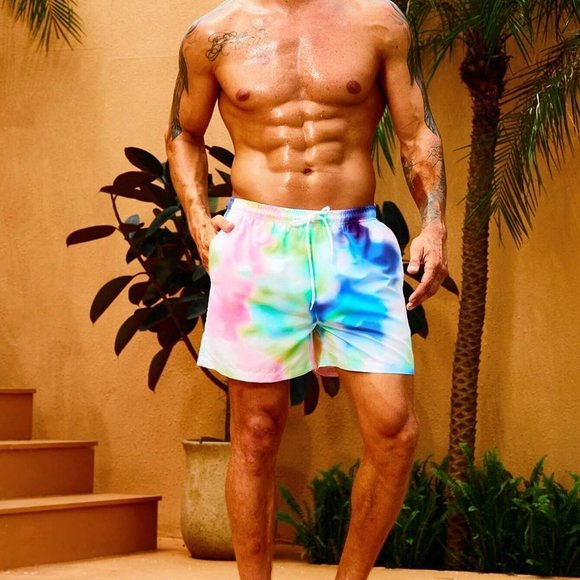 Multicolor Vacation Mens Tie Dye Drawstring Waist Swim Trunks - Picture 5 of 5